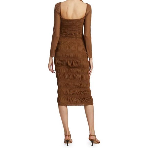SELF-PORTRAIT Shirred Long Sleeve Midi-Dress in Caramel NWT Size 2 - Picture 2 of 11